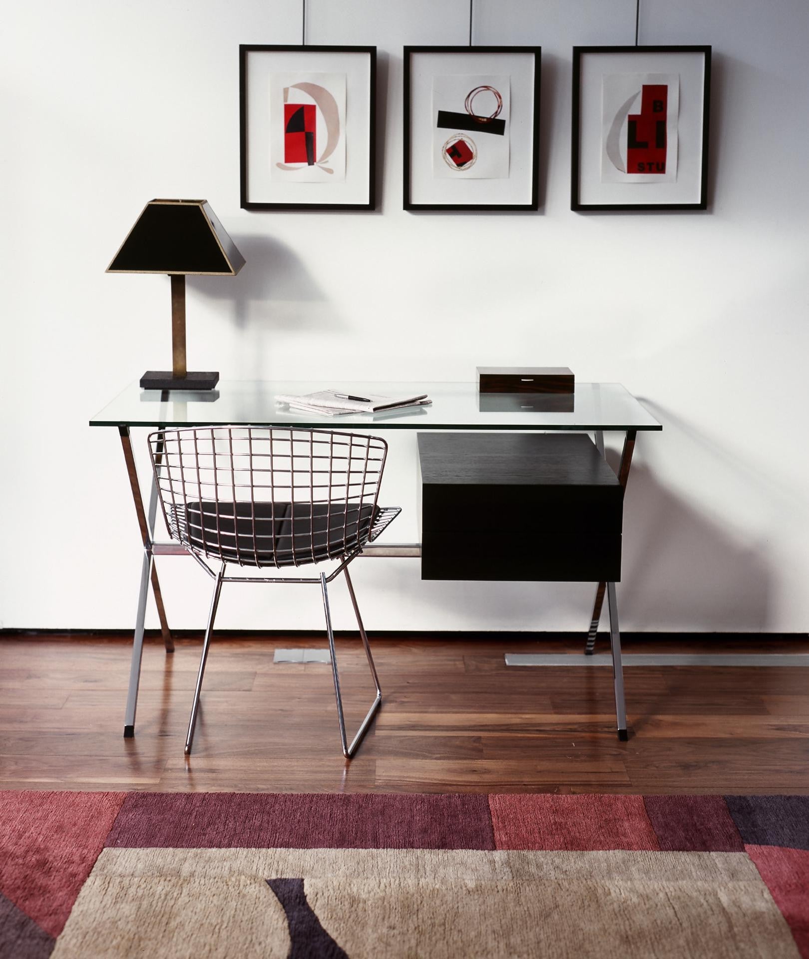 Albini desk, black stained oak drawer, Bertoia side chair Albini desk, black stained oak drawer, Bertoia side chair