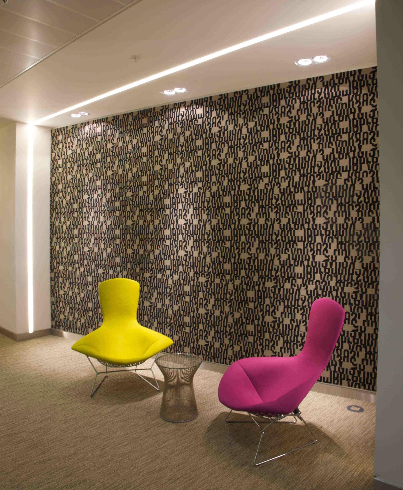 Bertoia Bird chair, lime and magenta upholstery, Platner side table