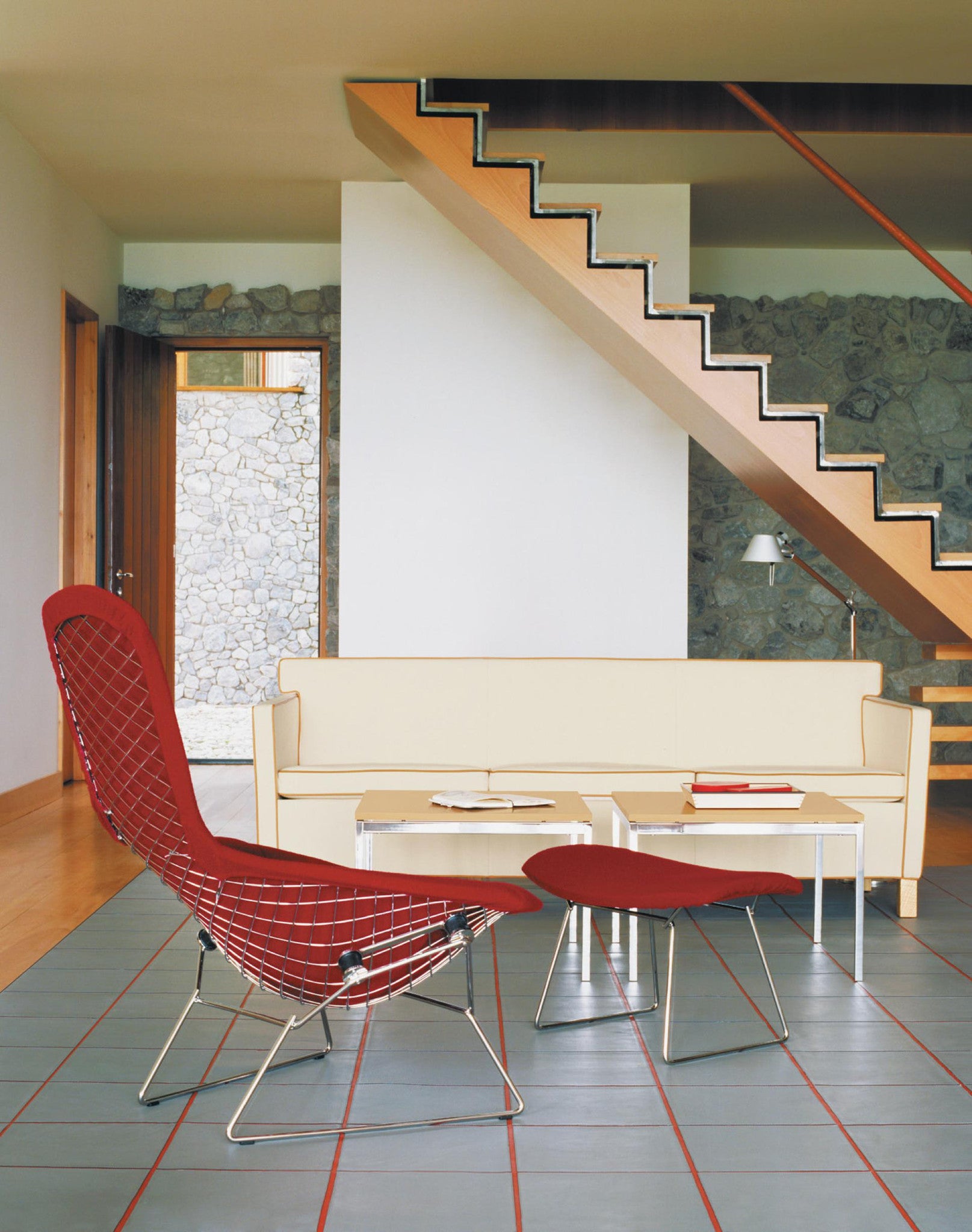 Bertoia Bird chair and ottoman, red Tonus upholstery