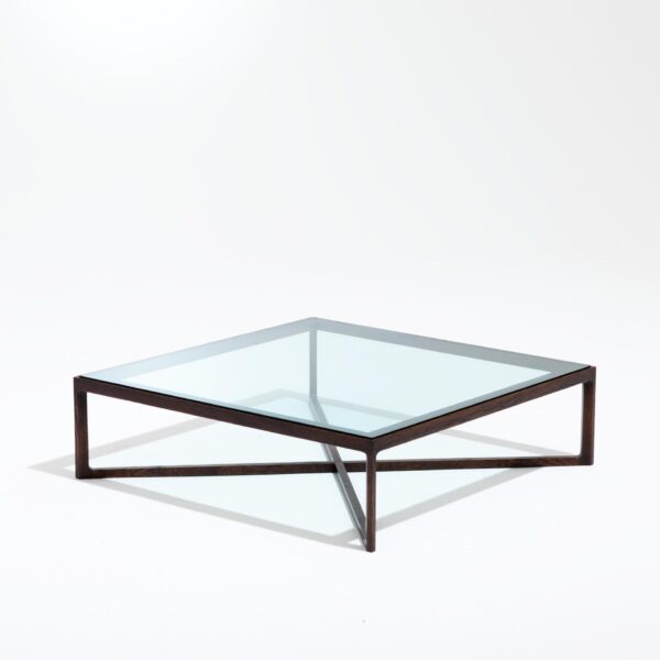 Krusin coffee table, oak stained walnut, clear glass top
