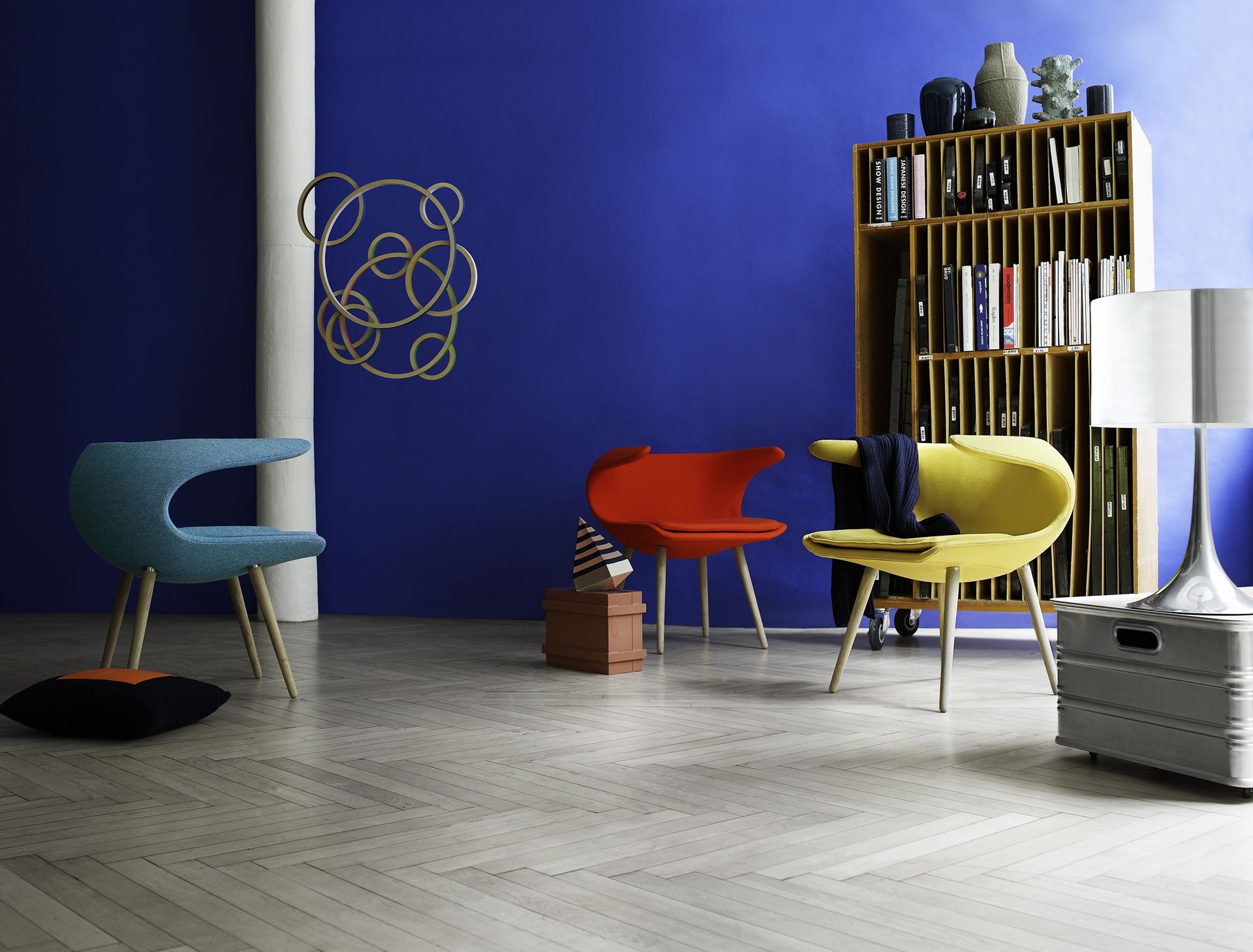 Frost Chair, blue, red and yellow shell and cushion Frost Chair, blue, red and yellow shell and cushion