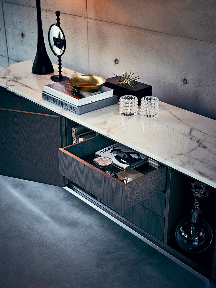 Florence Knoll Credenza 210cm, grey stained oak case, Arabescato marble top