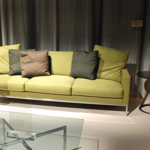 Florence Knoll Relax 3-seat sofa, untufted, polished chrome frame, green fabric