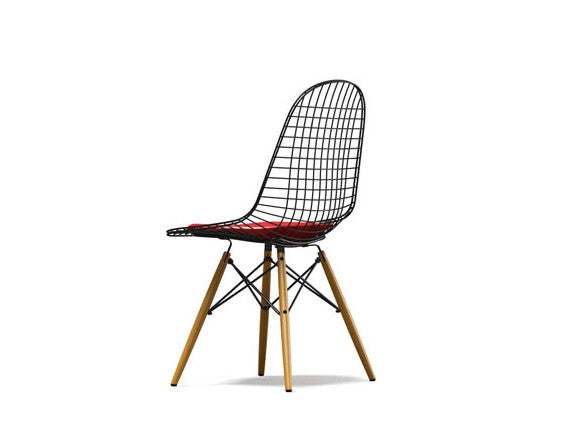 Eames DKW-2 Wire chair, classic (golden) maple base, red leather seat