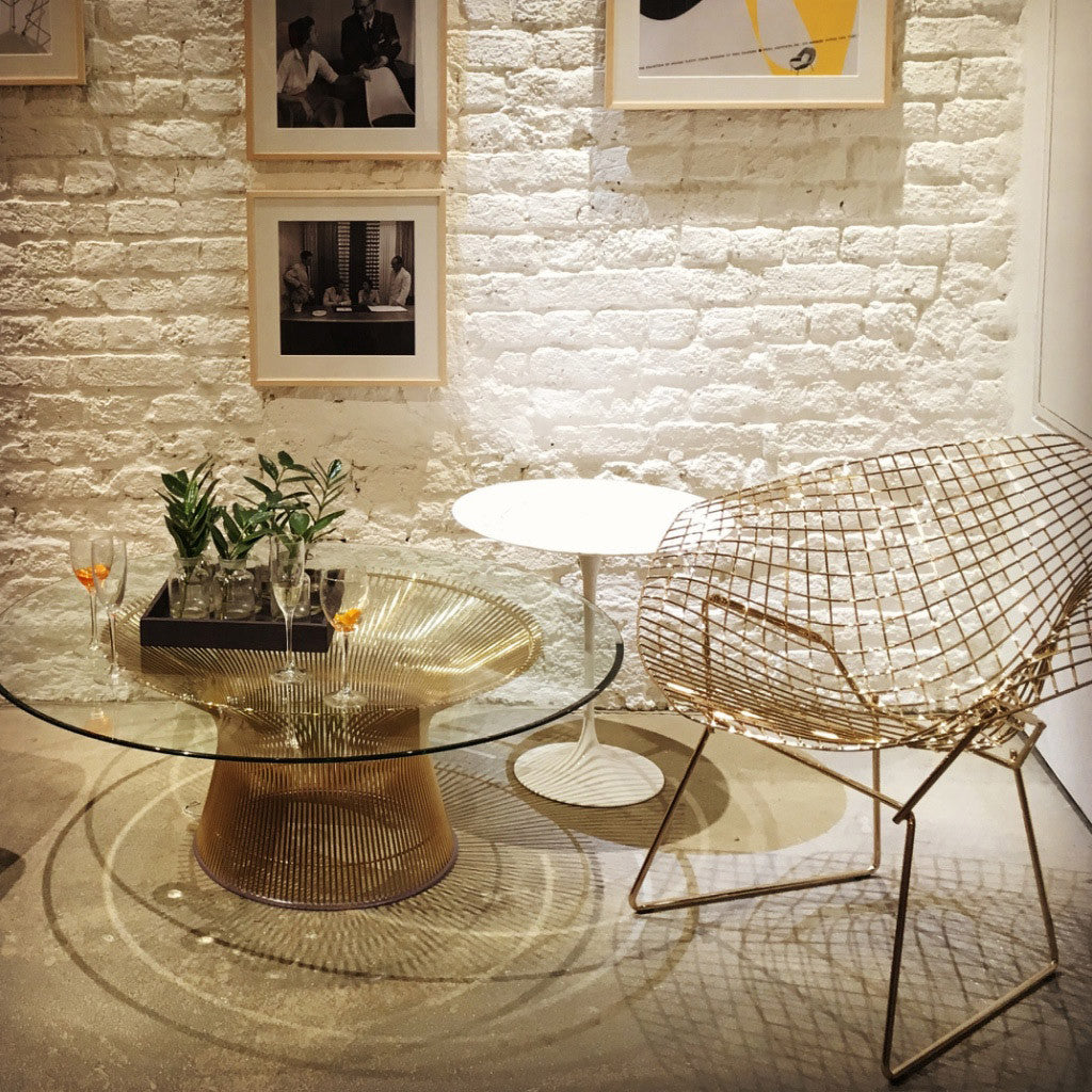 Bertoia Diamond chair and Platner Coffee Table gold plated