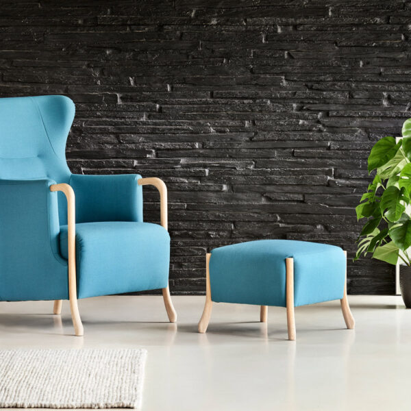 Claudia Chair and footstool with blue fabric