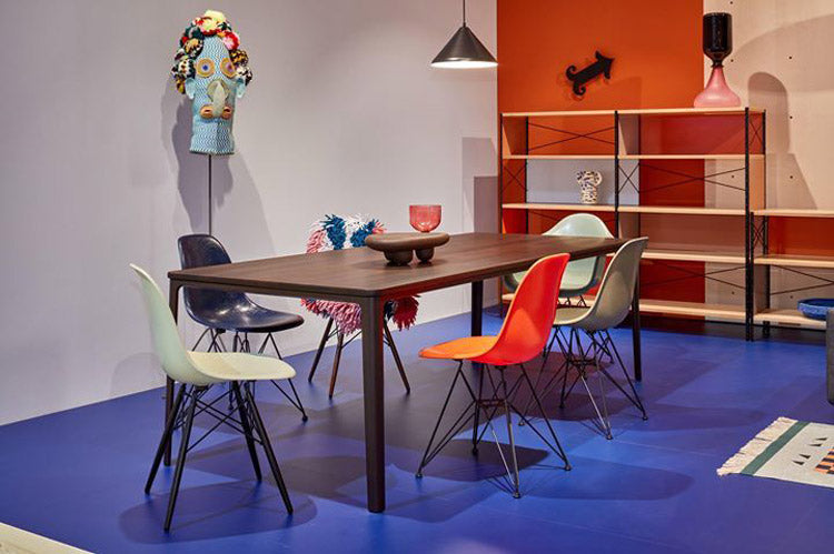 Jasper Morrison Plate Dining table with chocolate brown base and solid smoked oak top. Also shown: Eames DSR and DSW chairs