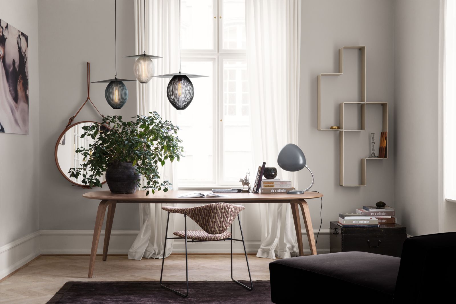 AdnetWallMirrorCircular_GUBIDiningTableElliptical_SatellitePendant_MasculoDiningChairSledgeBase_DedalShelf_On_1-medium