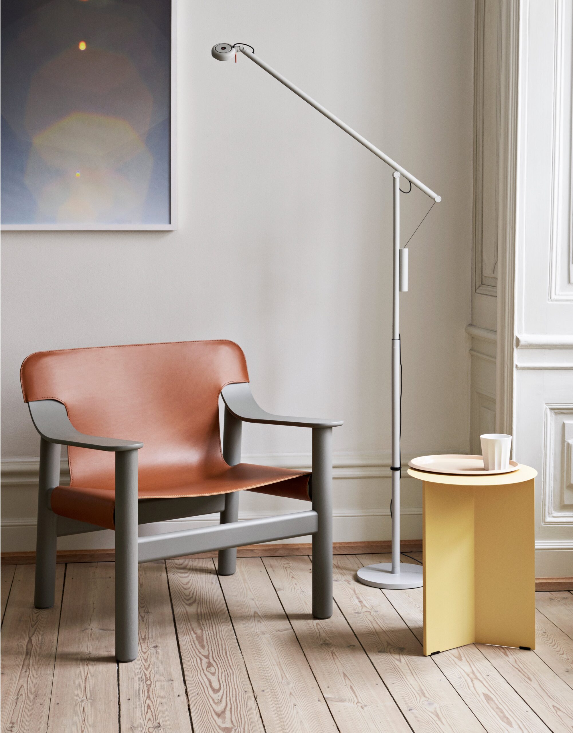Beige Grey Water-Based Lacquered Beech, Brandy Leather Beige Grey Water-Based Lacquered Beech, Brandy Leather