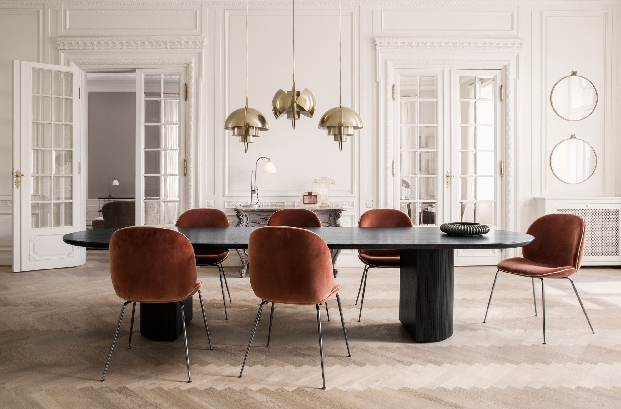 RandaccioWallMirror_BeetleDiningChair_MoonDiningTableElliptical_Multi-LitePendant_BL1TableLamp.