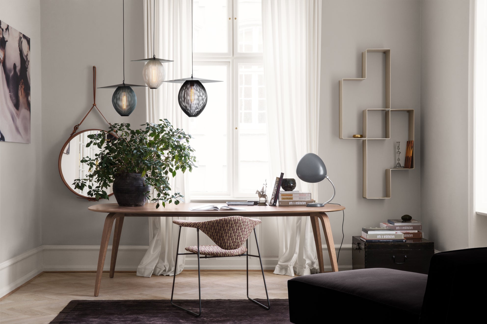 AdnetWallMirrorCircular_GUBIDiningTableElliptical_SatellitePendant_MasculoDiningChairSledgeBase_DedalShelf_On_1